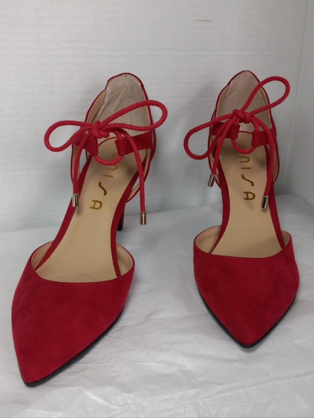 Unisa Red Faux Suede Pointed-Toe Tie Ankle Heels - Women Size 8 - Picture 3 of 10